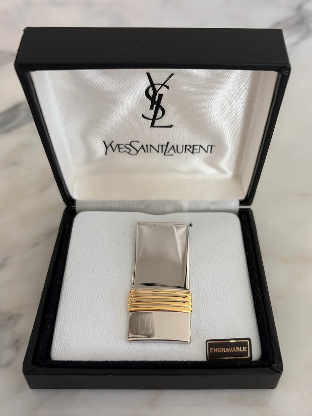 Vintage Yves Saint Laurent Silver and Gold-Tone Ribbed Accent Money Clip